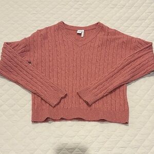Cable Knit V-Neck Sweater - Pink
